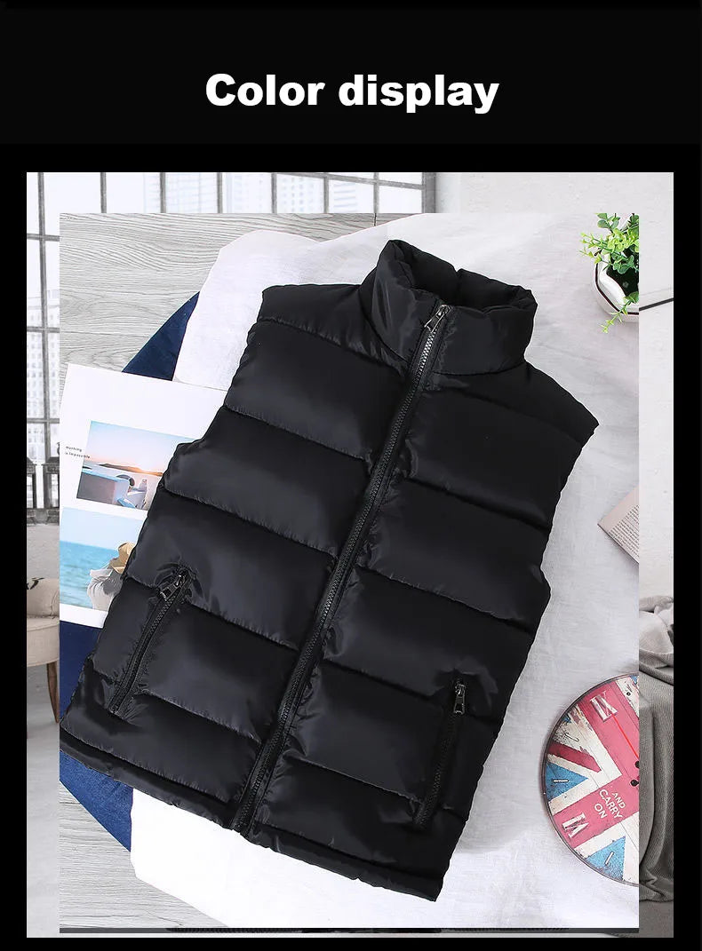 Men White Slim Vest Jacket Stand Collar Puffer Waistcoat