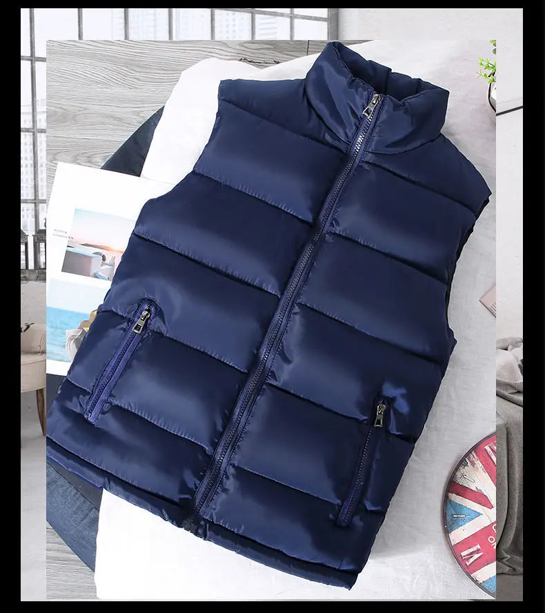 Men White Slim Vest Jacket Stand Collar Puffer Waistcoat