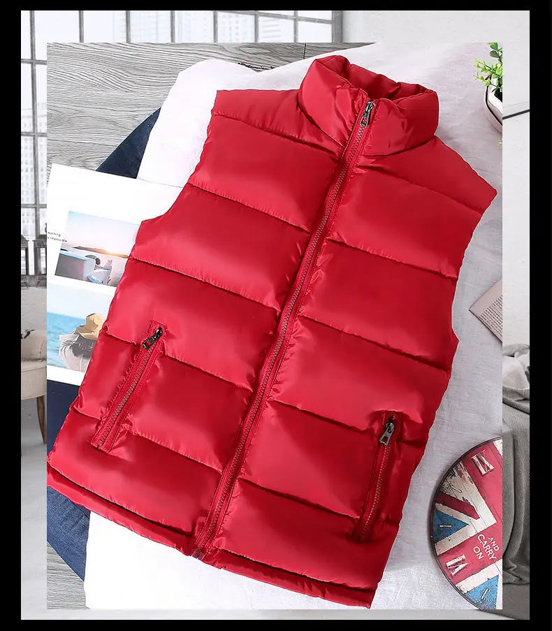 Men White Slim Vest Jacket Stand Collar Puffer Waistcoat