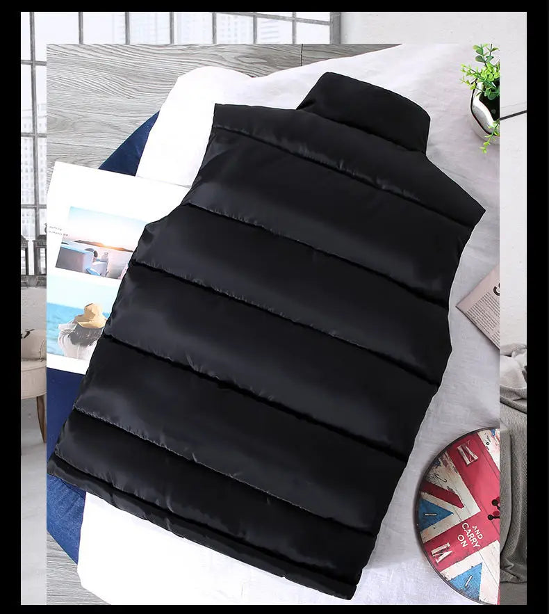 Men White Slim Vest Jacket Stand Collar Puffer Waistcoat
