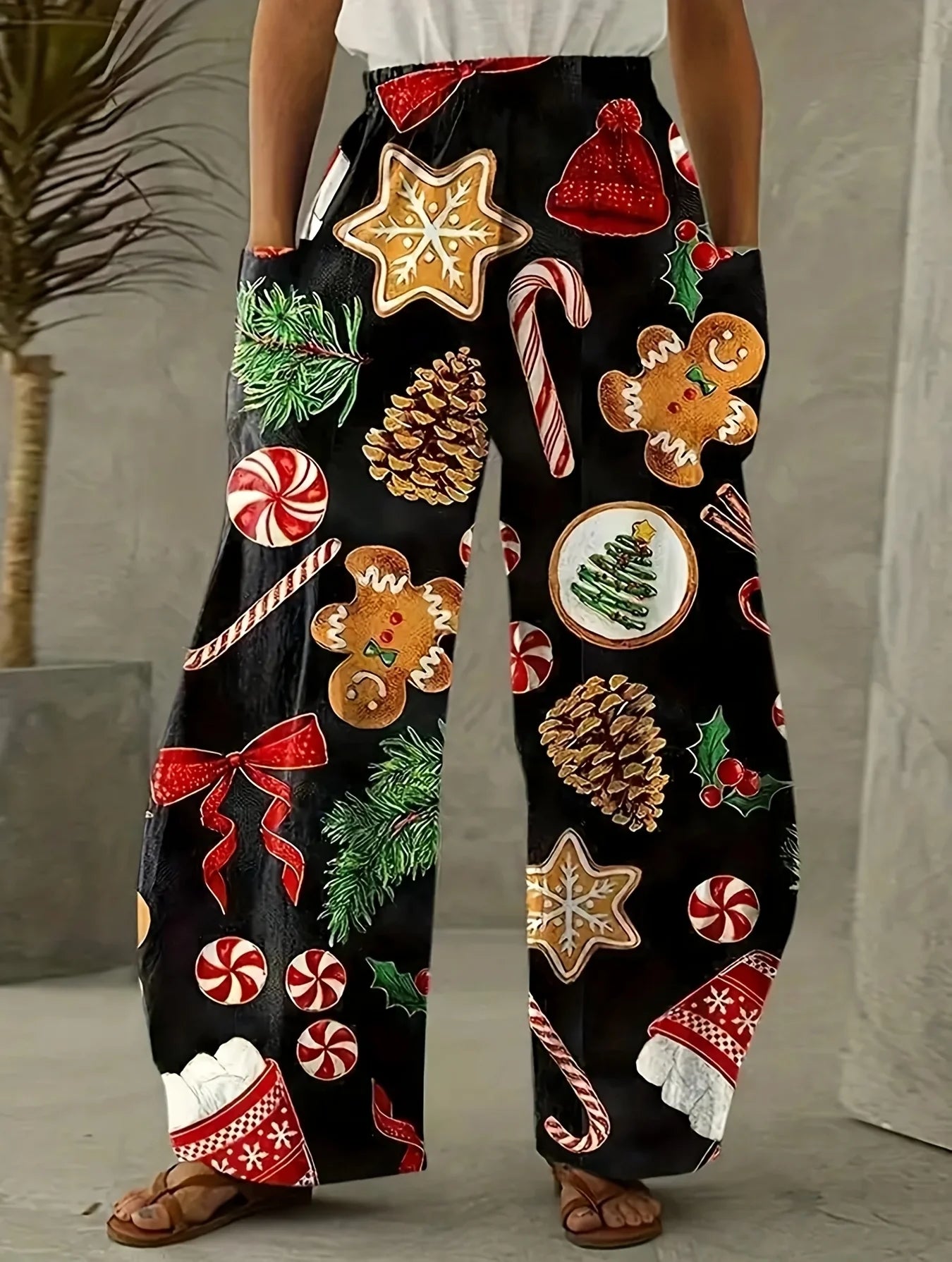 Plus Size Christmas Print Wide Leg Pants