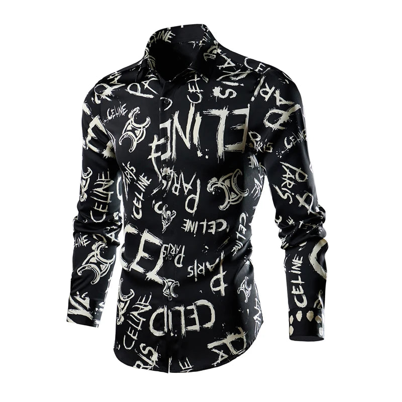 Retro men's button-up shirt, long sleeve, stylish streetwear