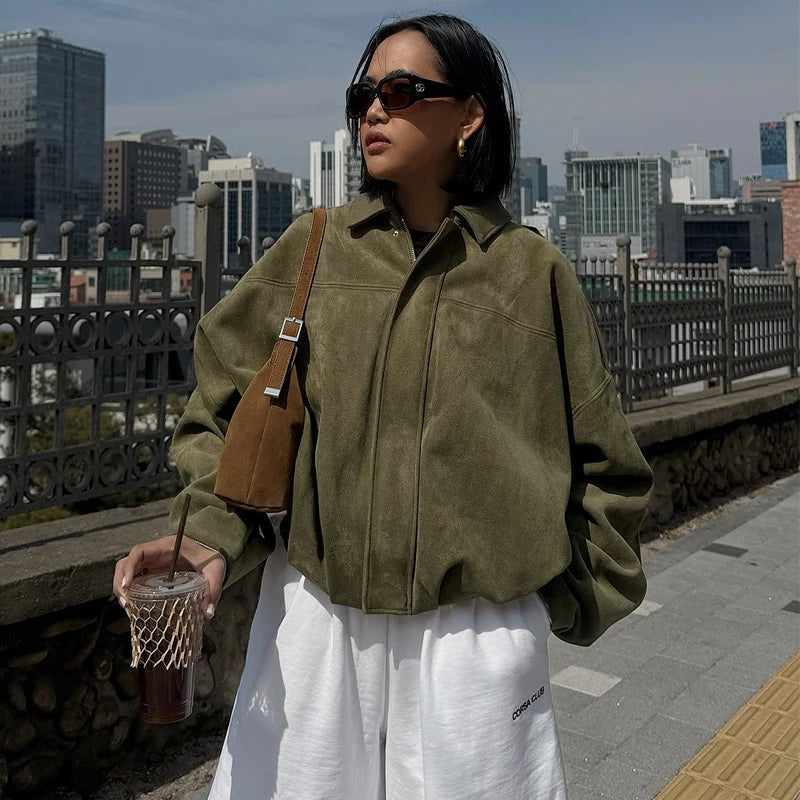 HXAO Women’s Cropped Suede Bomber Jacket 2025