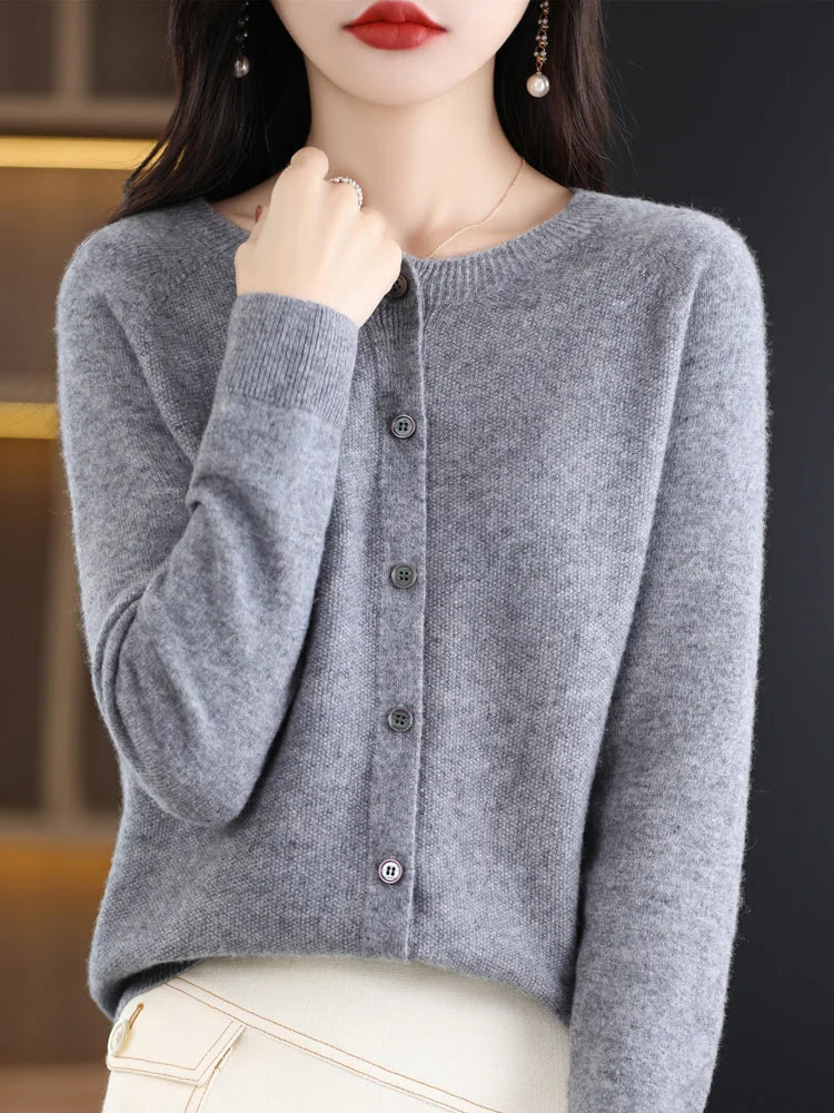 Women's Merino Wool O-Neck Cardigan 2024