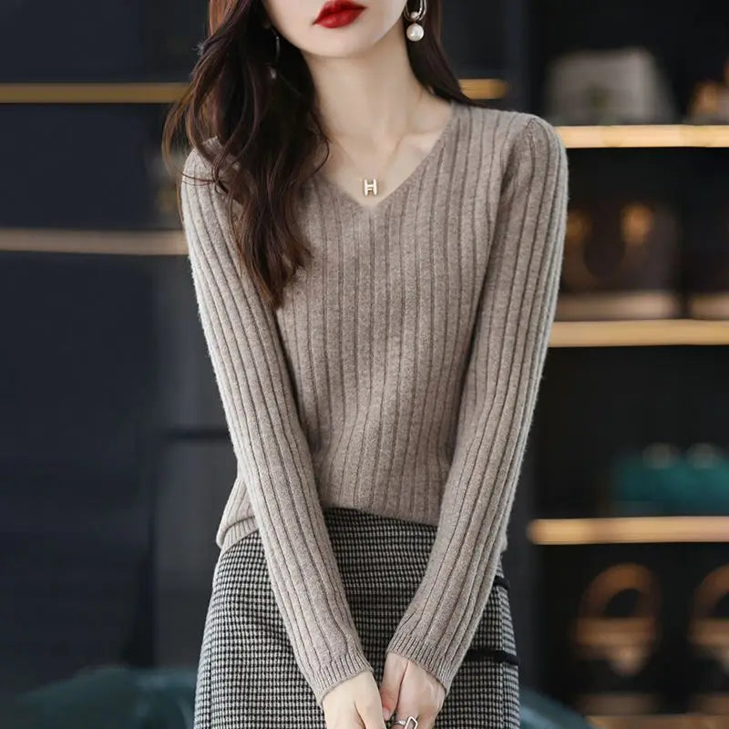 Women V-Neck Knitted Sweater Long Sleeve Top