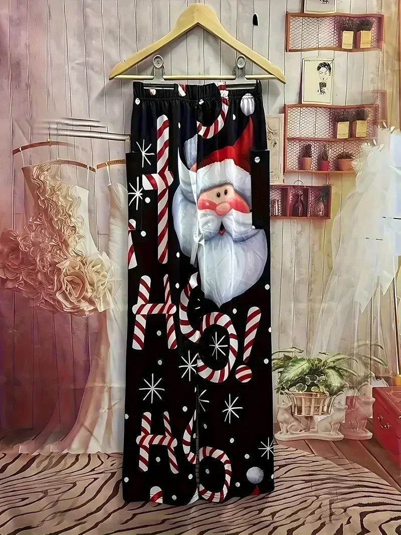 Plus Size Christmas Print Wide Leg Pants