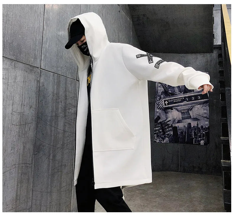 Men 5XL Hooded Long Jacket, Black & White, Hip Hop Streetwear