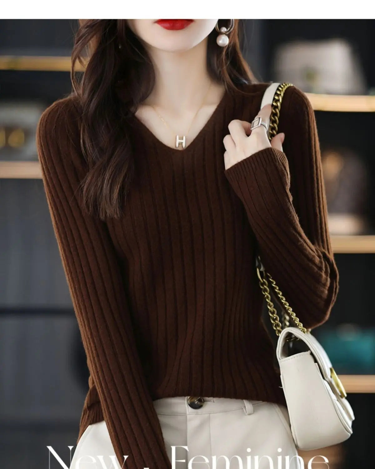 Women V-Neck Knitted Sweater Long Sleeve Top