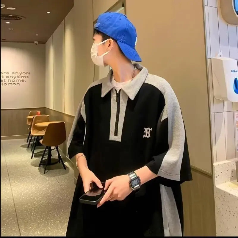 Men's Summer Polo Shirt Casual Loose Zipper Tee