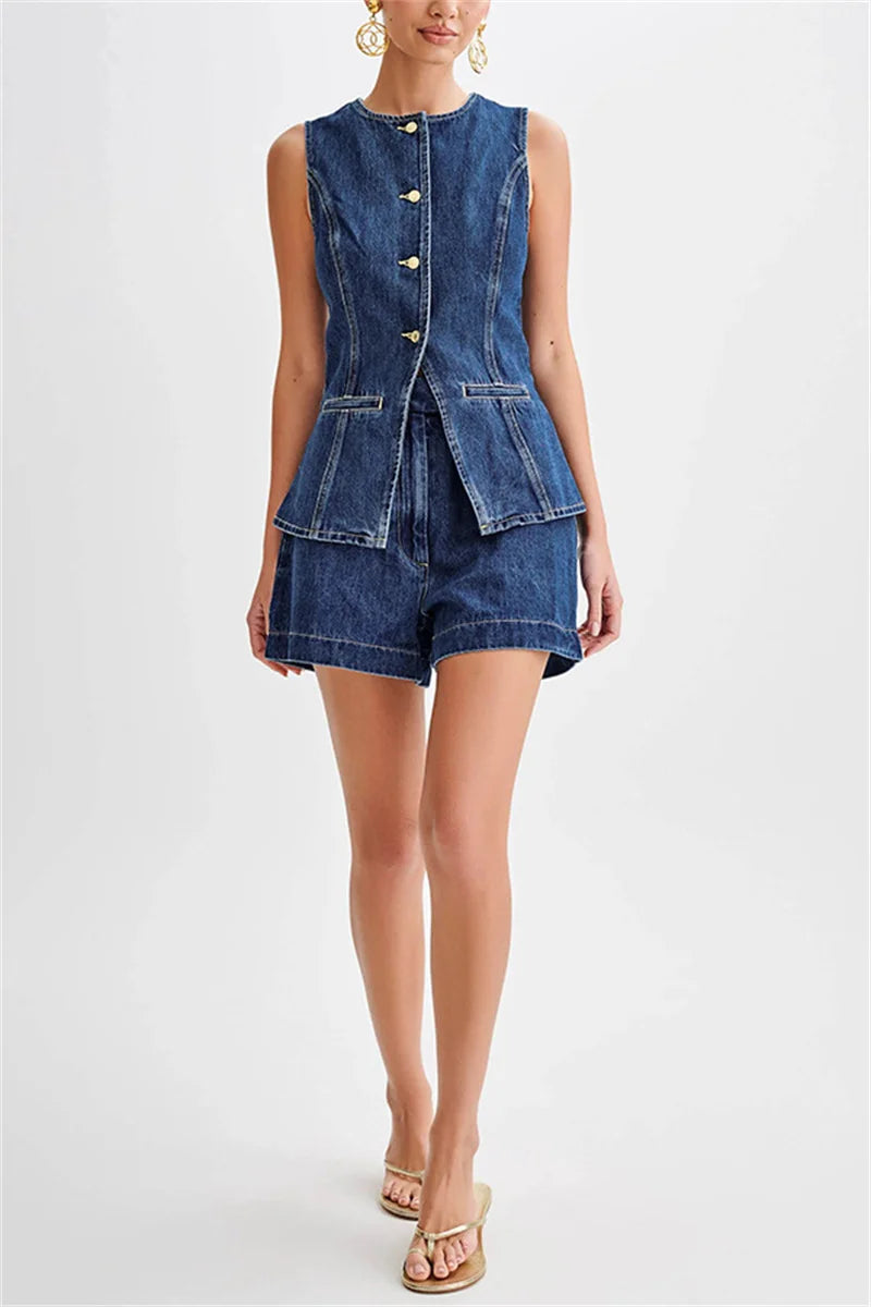 Women's Summer Denim Shorts Set Sleeveless Top & High Waist Shorts