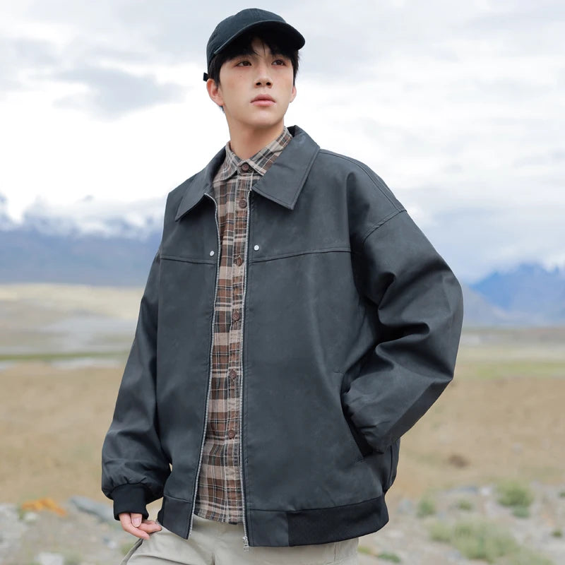 Men's Korean PU Leather Biker Jacket Brown Zipper Coat