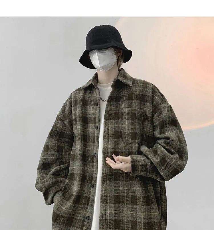 Vintage Korean Flannel Shirt Y2K Plaid Streetwear Winter