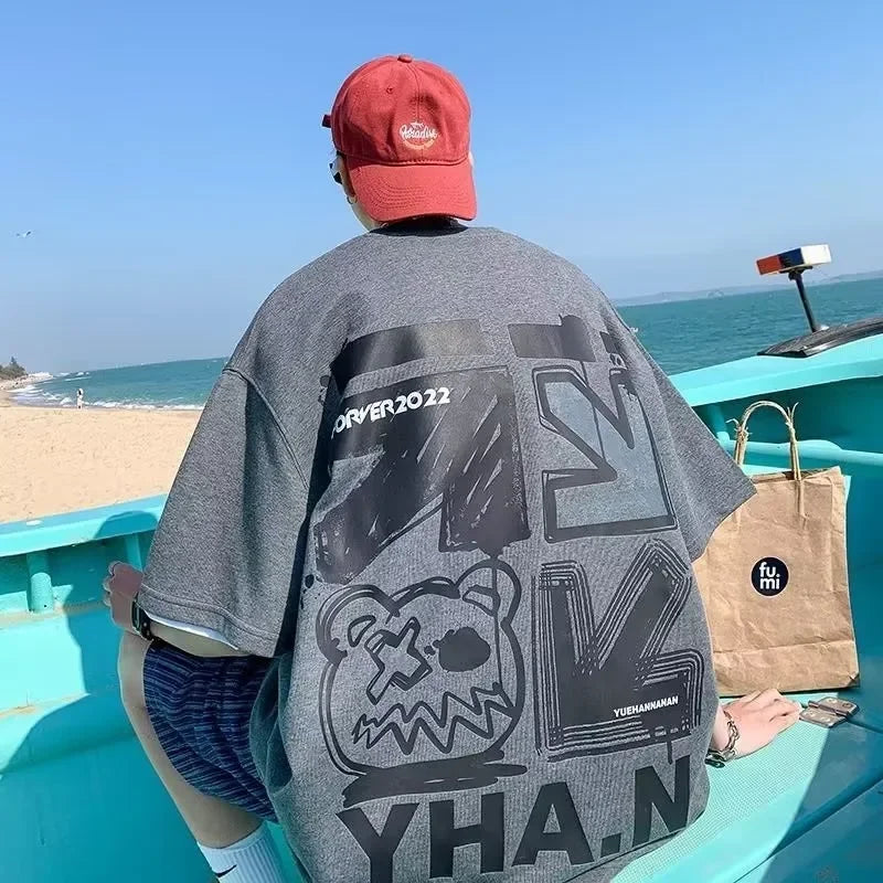 Men's Spring T-shirt Short Sleeve Cartoon Graffiti Print Unisex Alphabet