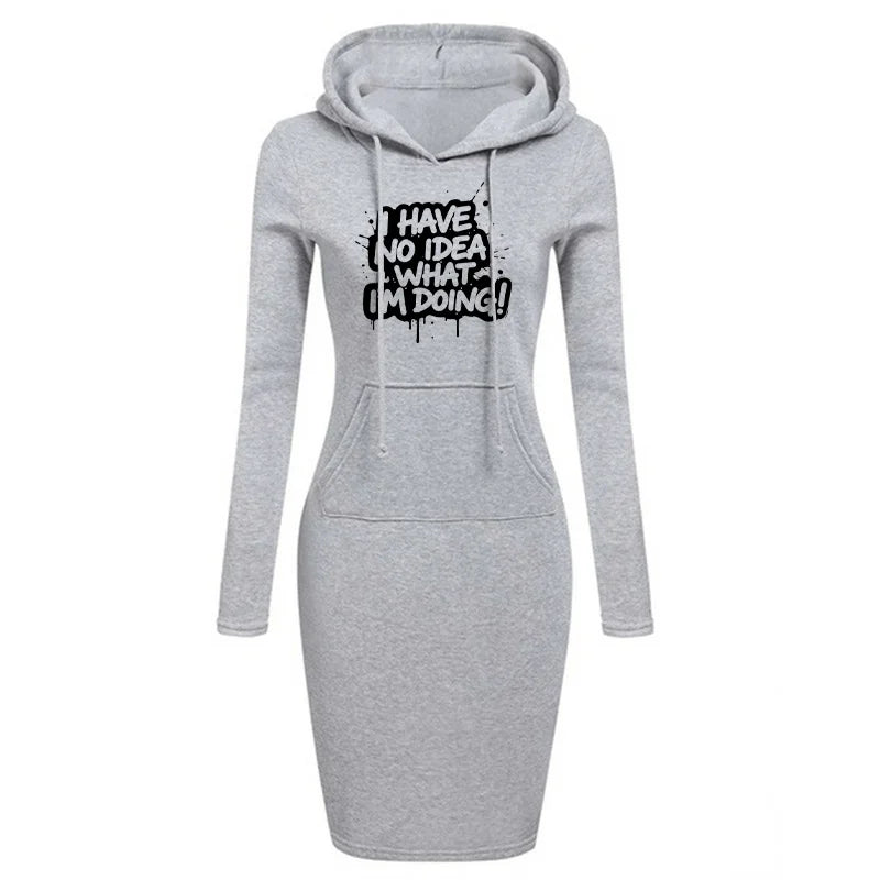 Women's Hooded Dress Long Sleeve Drawstring Text Print