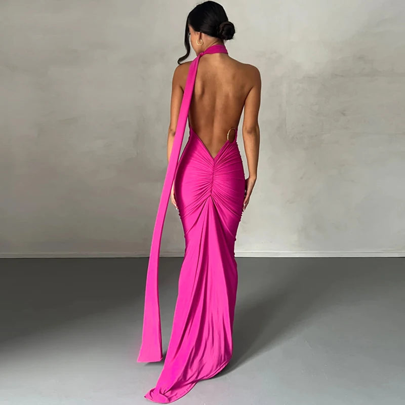 Hugcitar One Shoulder Backless Ruched Maxi Dress Women Y2K