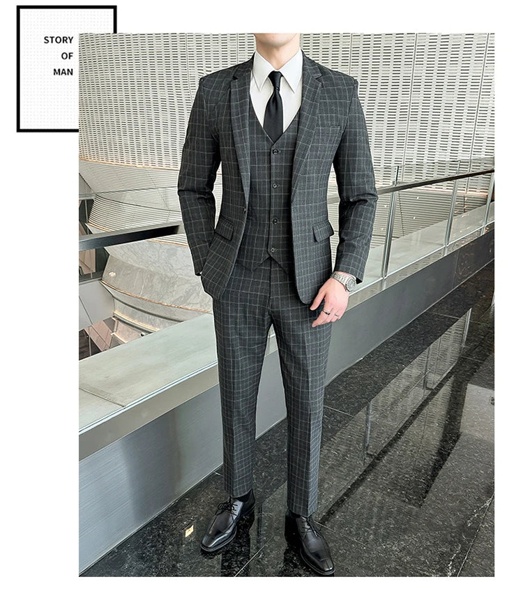 Men’s Plaid 3-Piece Suit Business Wedding Elegant Fashion Set