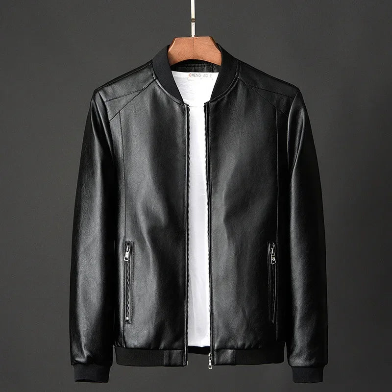 Men Black PU Leather Biker Jacket Slim Casual