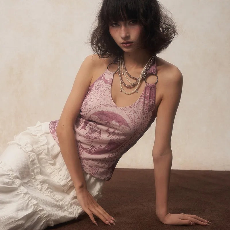Karrcat Y2K Purple Halter Top – Harajuku Flower Print