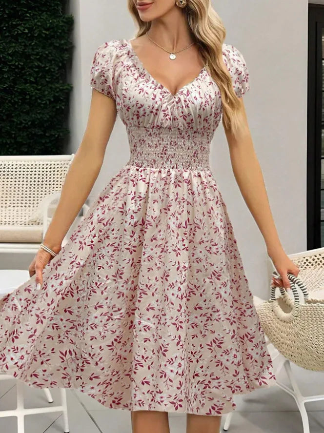 Women's Summer Floral Dress – Fluffy Cuffs & Pleated Waist