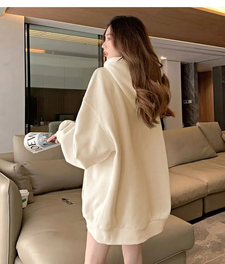 Women Embroidered Zip-Up Hoodie Casual Loose Streetwear Sweatshirt