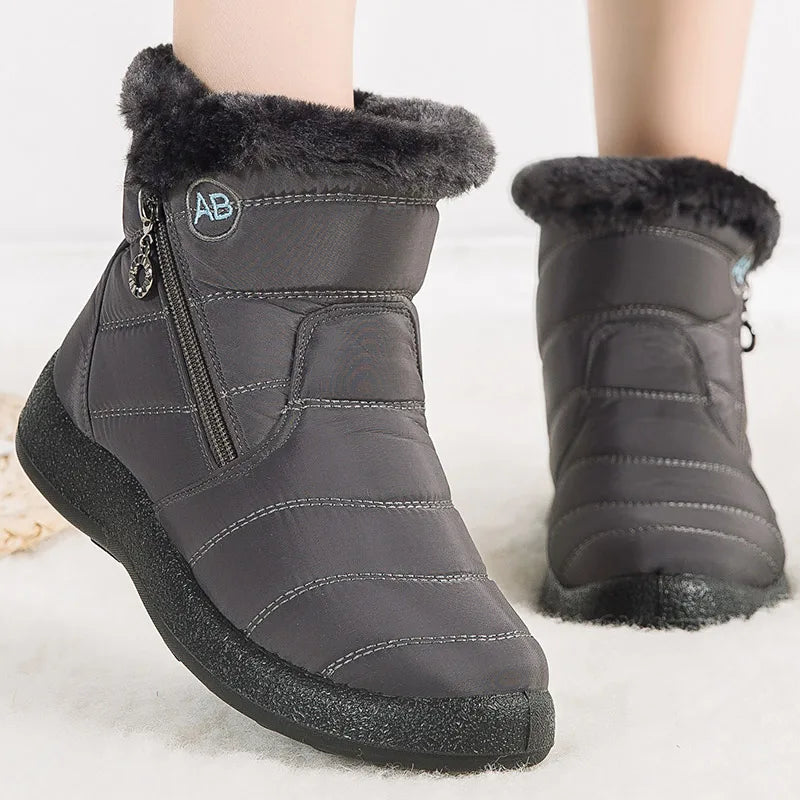 Stylish women's ankle boots with fur, low heels, waterproof winter shoes