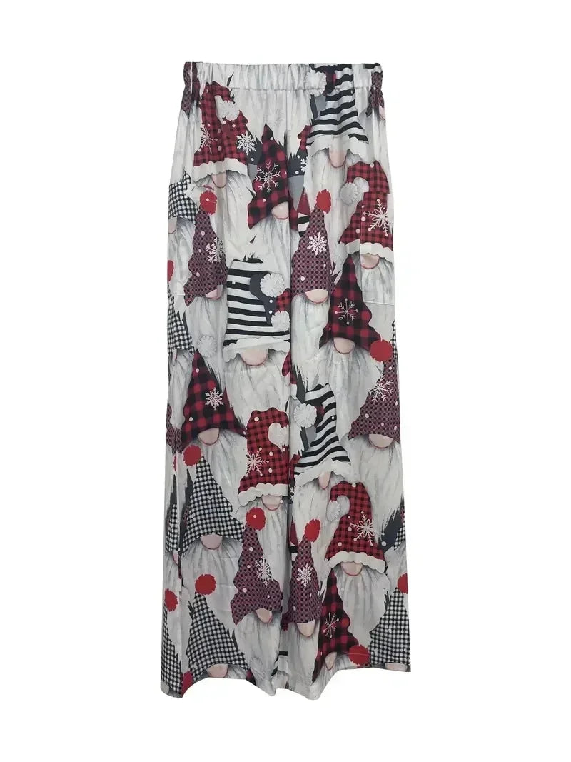 Plus Size Christmas Print Wide Leg Pants