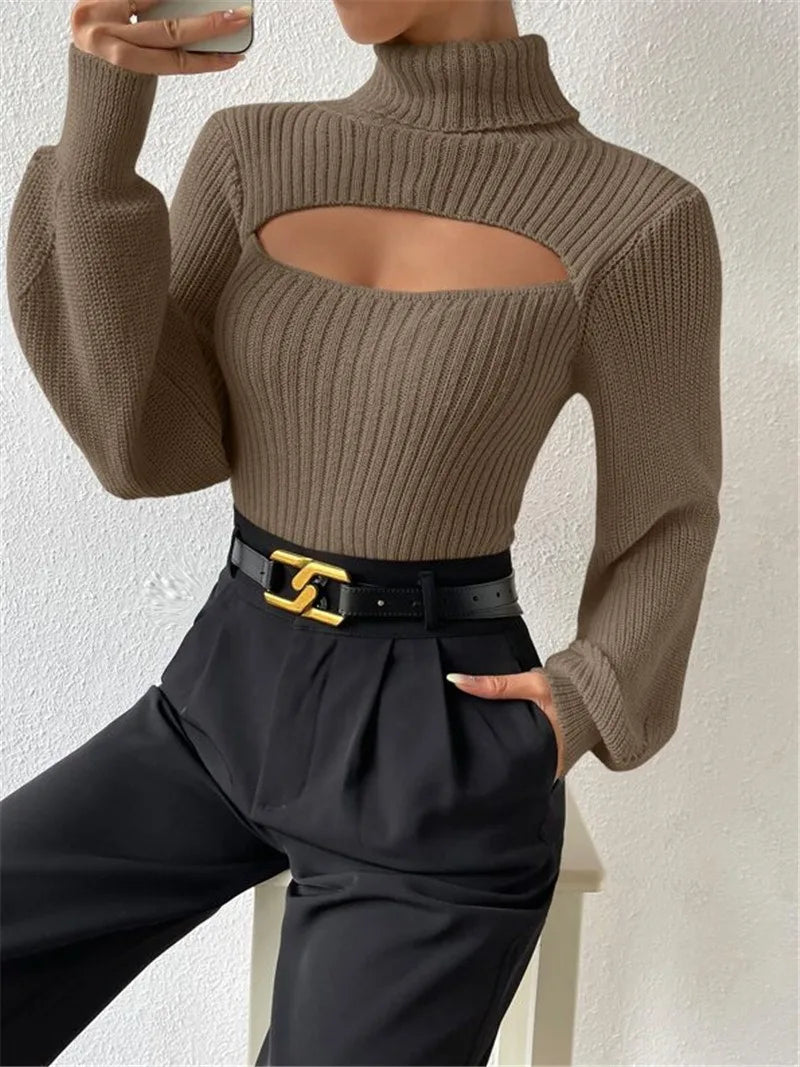Sexy loose sweater with high neck and hollow design