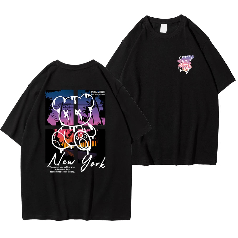 New York Art Cartoon Bear Sunset Cotton T-Shirt