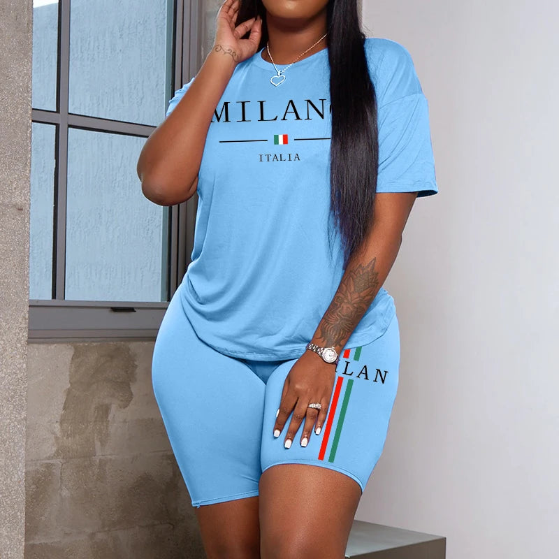 Milan Letter Women's Summer T-Shirt & Shorts Set