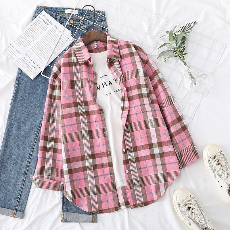 Women's plaid flannel shirt, loose fit, spring casual style