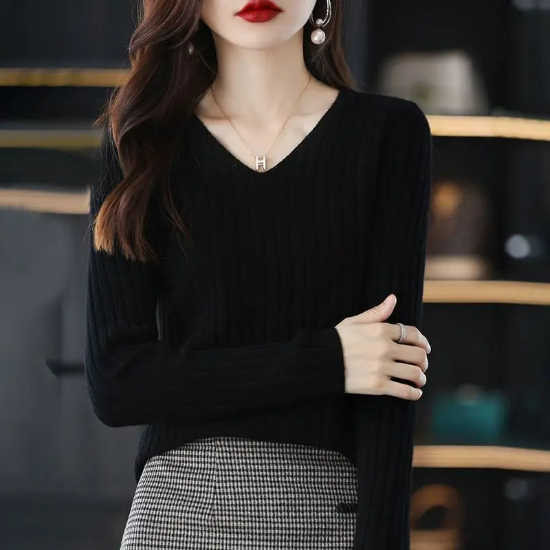 Women V-Neck Knitted Sweater Long Sleeve Top