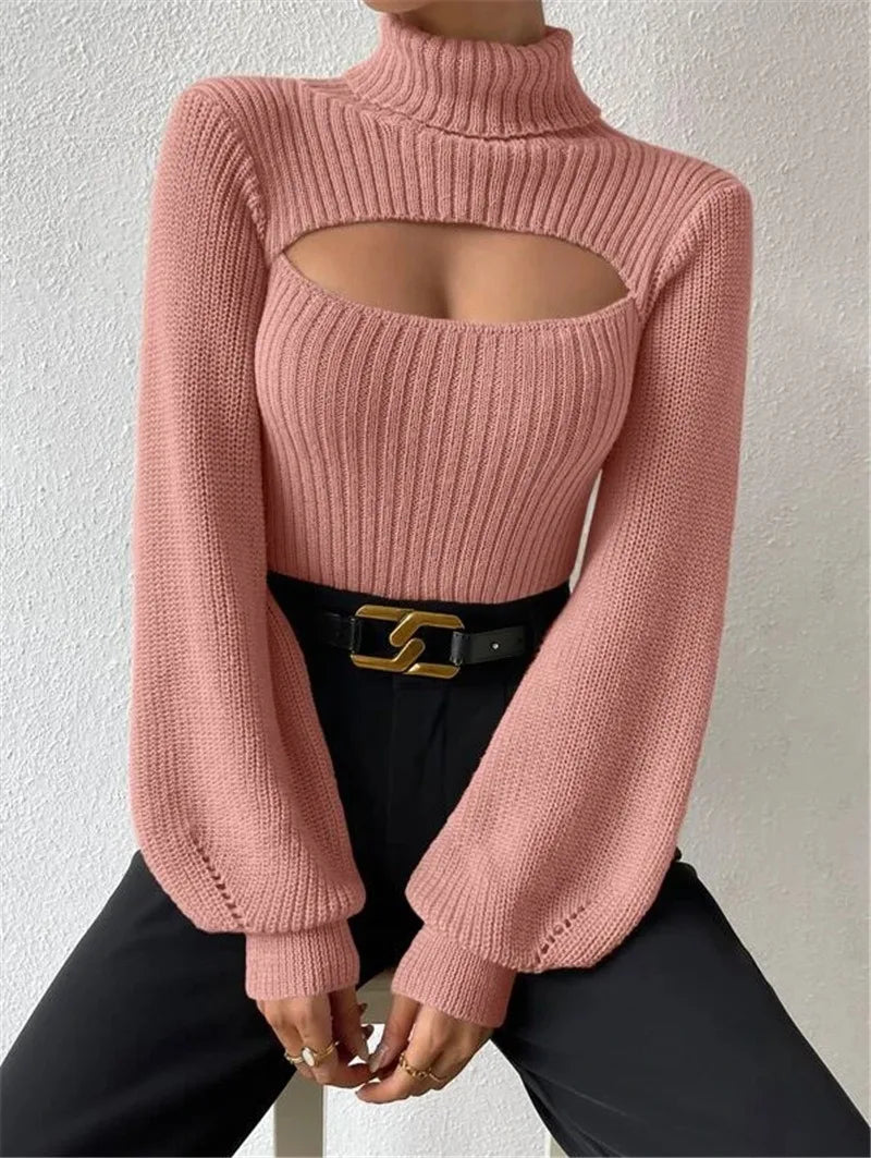 Sexy loose sweater with high neck and hollow design