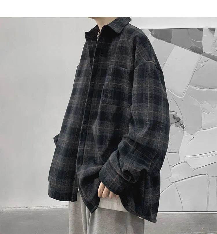 Vintage Korean Flannel Shirt Y2K Plaid Streetwear Winter
