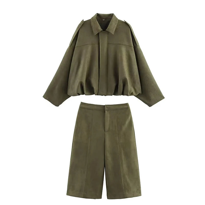 Women Two-Piece: High-Waist Shorts & Loose Jacket