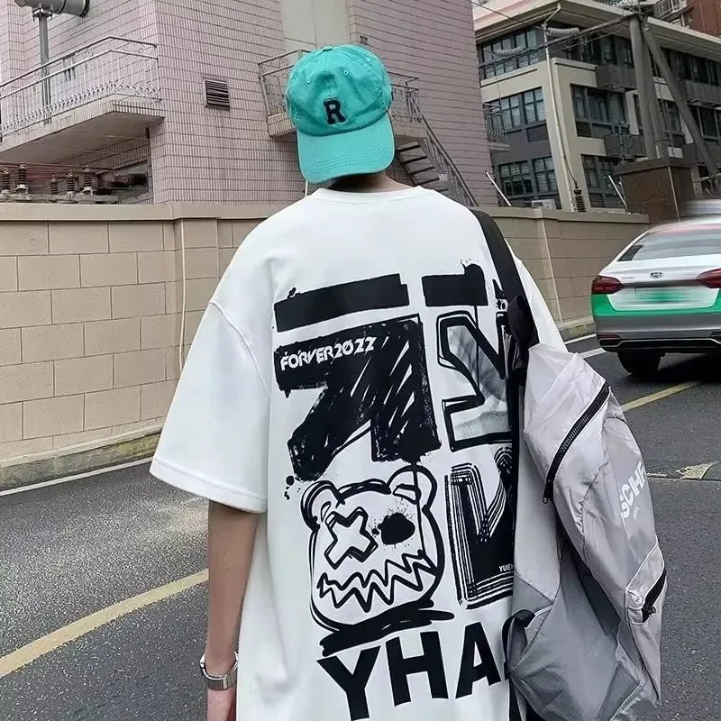 Men's Spring T-shirt Short Sleeve Cartoon Graffiti Print Unisex Alphabet