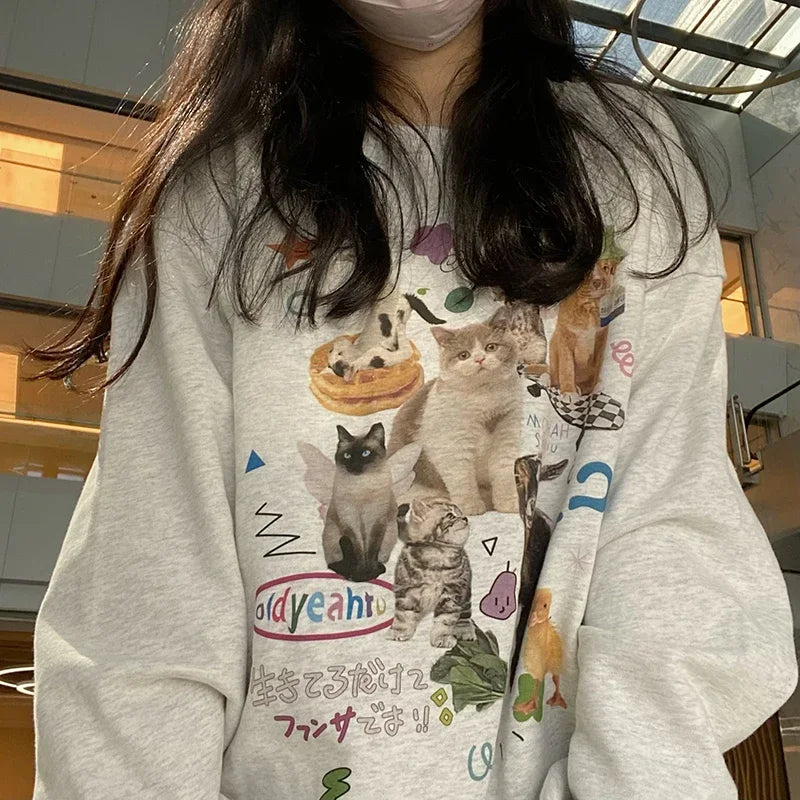 Milk Cat Graphic Sweatshirt for Women – Autumn Winter Streetwear
