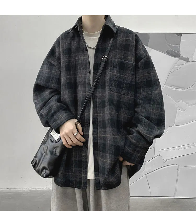 Vintage Korean Flannel Shirt Y2K Plaid Streetwear Winter