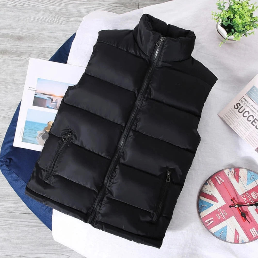 Men White Slim Vest Jacket Stand Collar Puffer Waistcoat