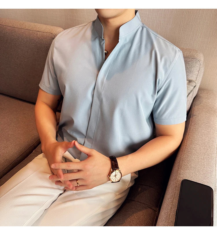Men’s stand collar V-neck stretch shirt white fashion