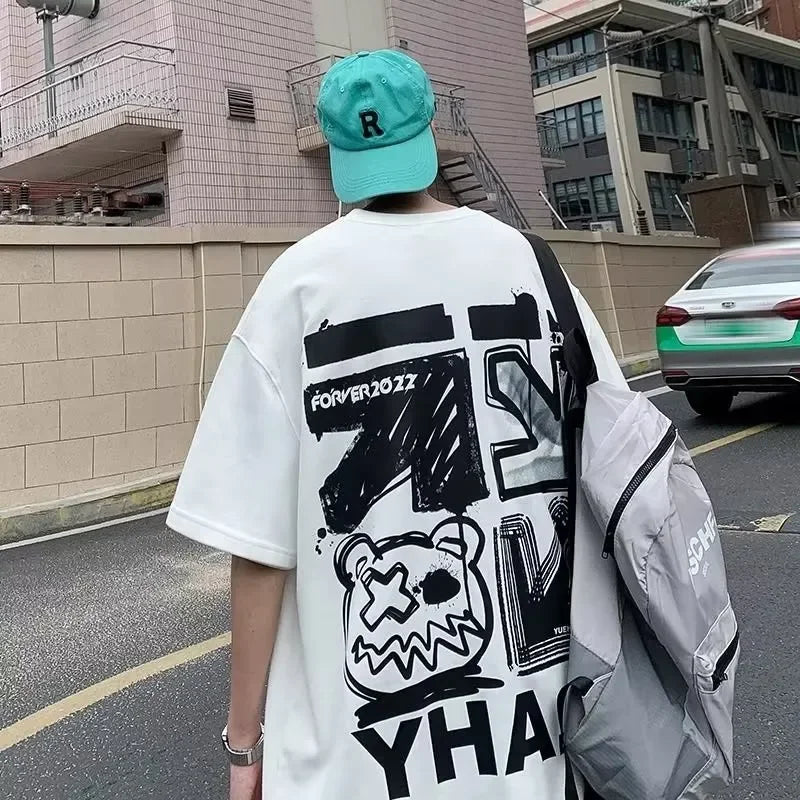 Men's Spring T-shirt Short Sleeve Cartoon Graffiti Print Unisex Alphabet