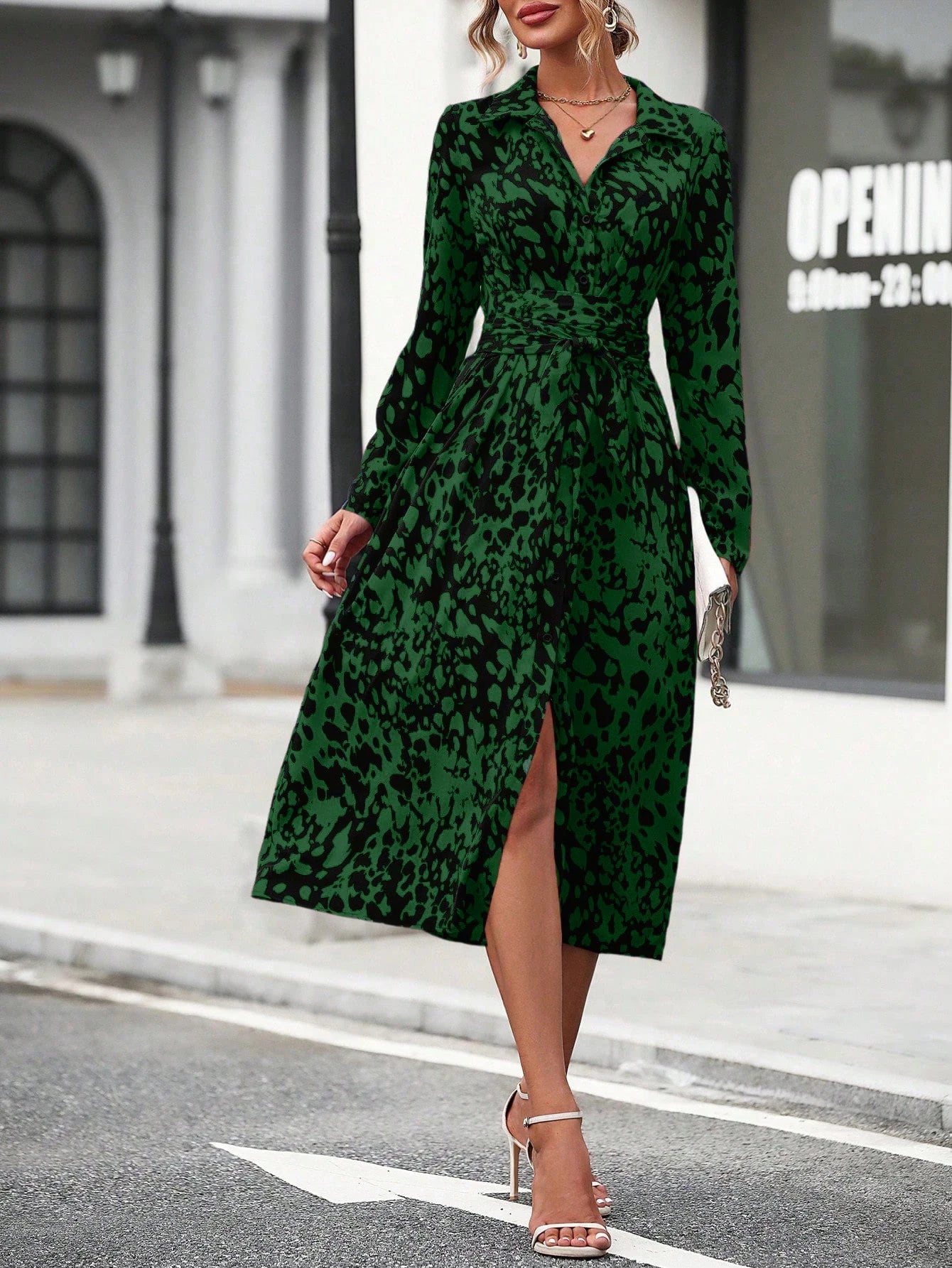 Elegant belted midi shirt dress, long sleeve, office casual