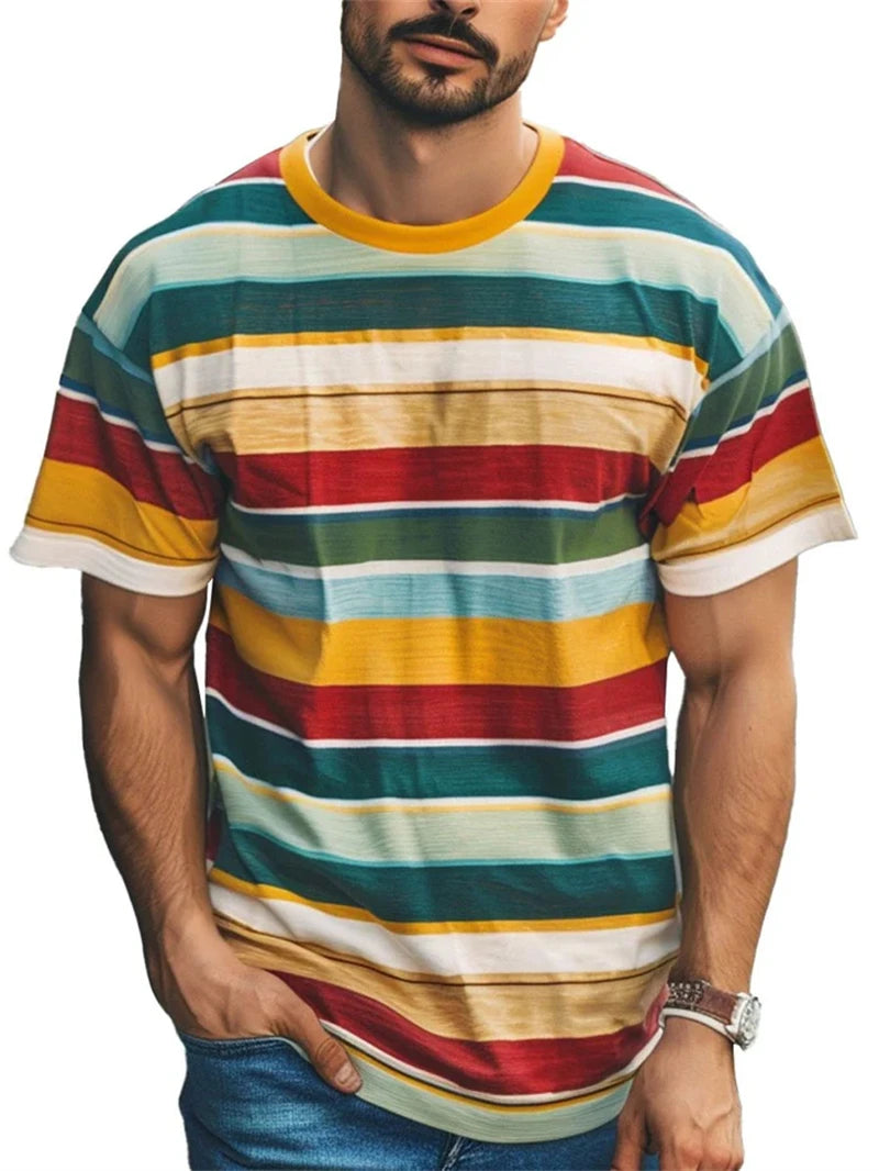 Men's Stripe Graphic Summer Tee – Casual 3D T-Shirt