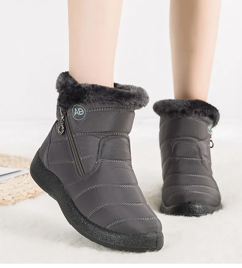 Stylish women's ankle boots with fur, low heels, waterproof winter shoes