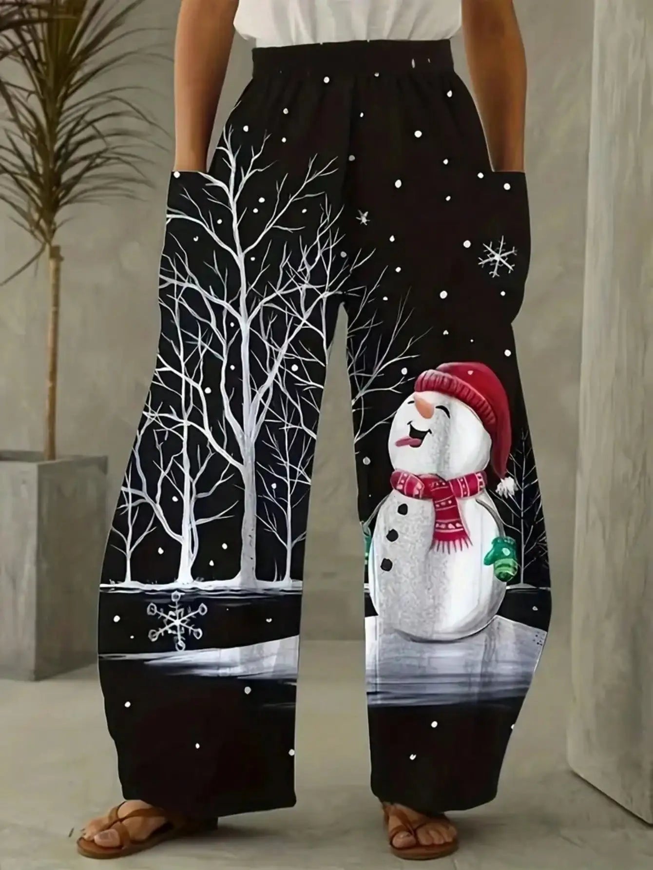 Plus Size Christmas Print Wide Leg Pants