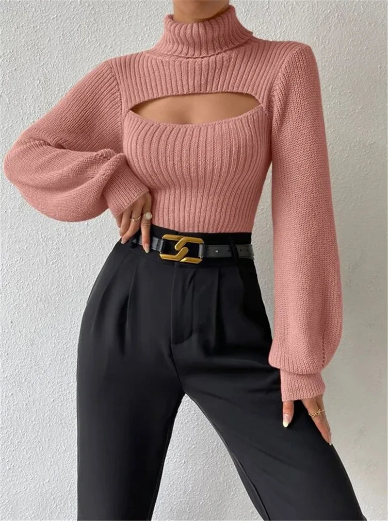 Sexy loose sweater with high neck and hollow design
