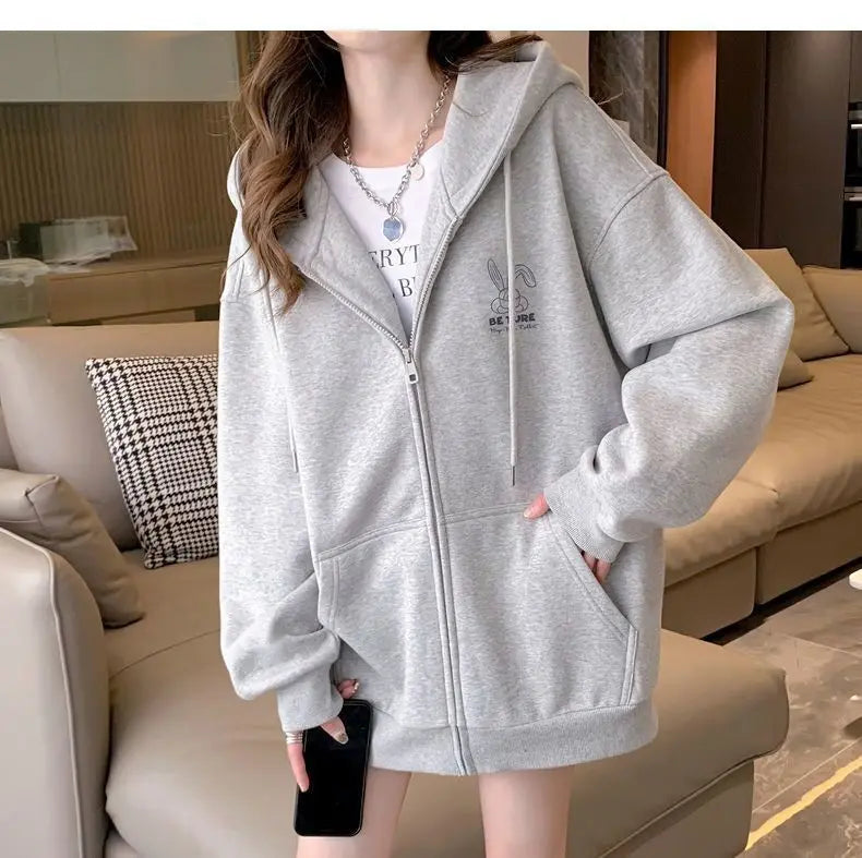 Women Embroidered Zip-Up Hoodie Casual Loose Streetwear Sweatshirt