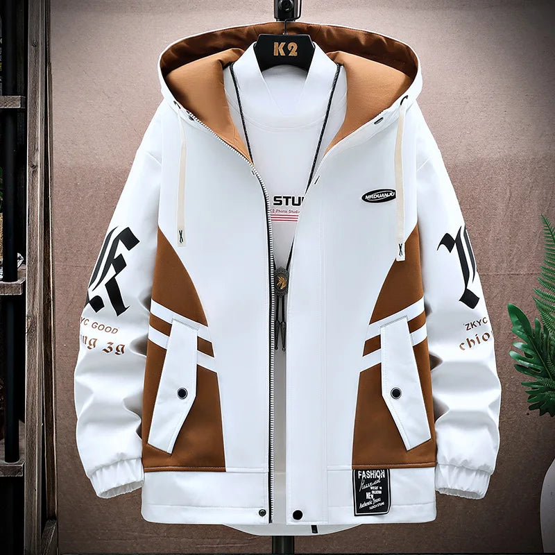 Men's Hooded Patchwork Jacket  Autumn Windbreaker Streetwear