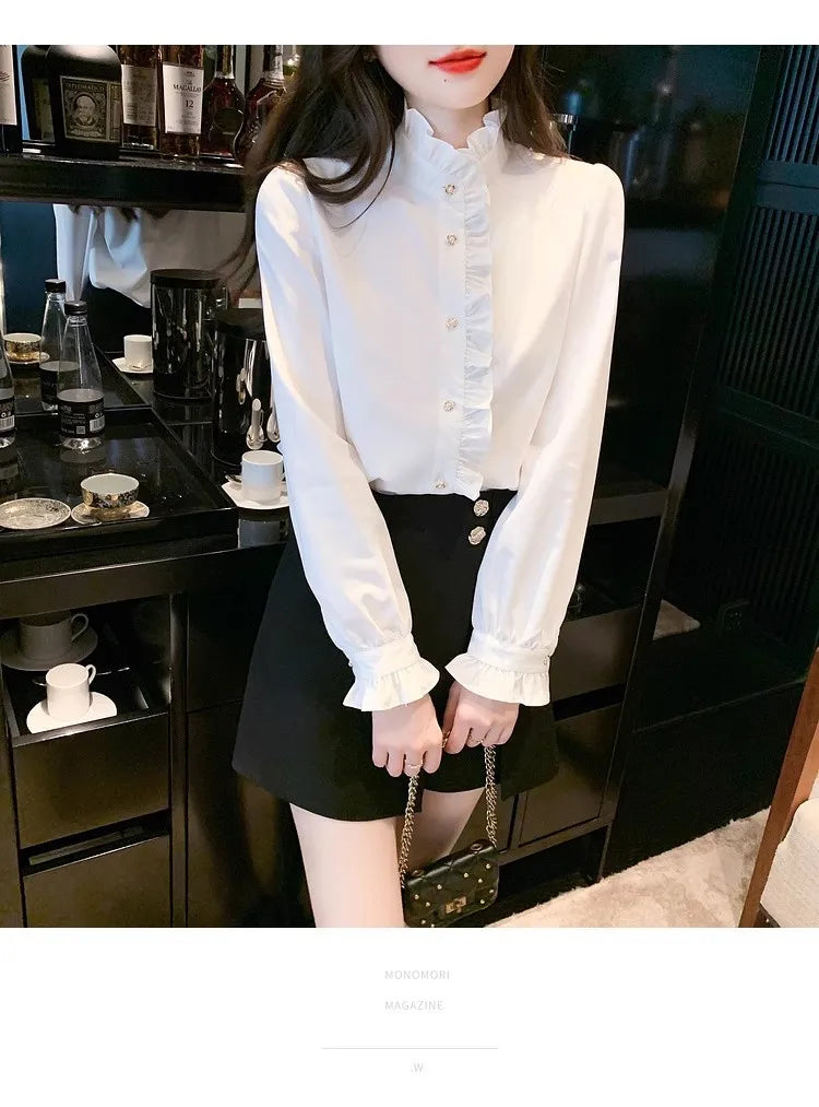 Elegant French style white women’s shirt, long sleeve top