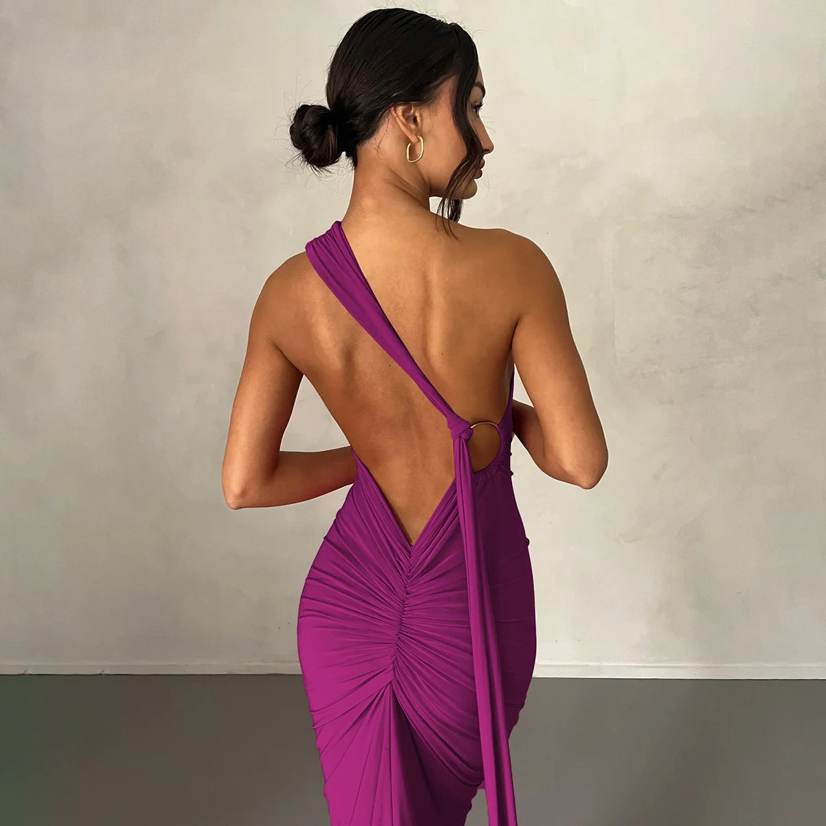 Hugcitar One Shoulder Backless Ruched Maxi Dress Women Y2K