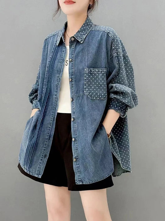 Korean Women Denim Shirt Vintage Loose Oversized Blouse